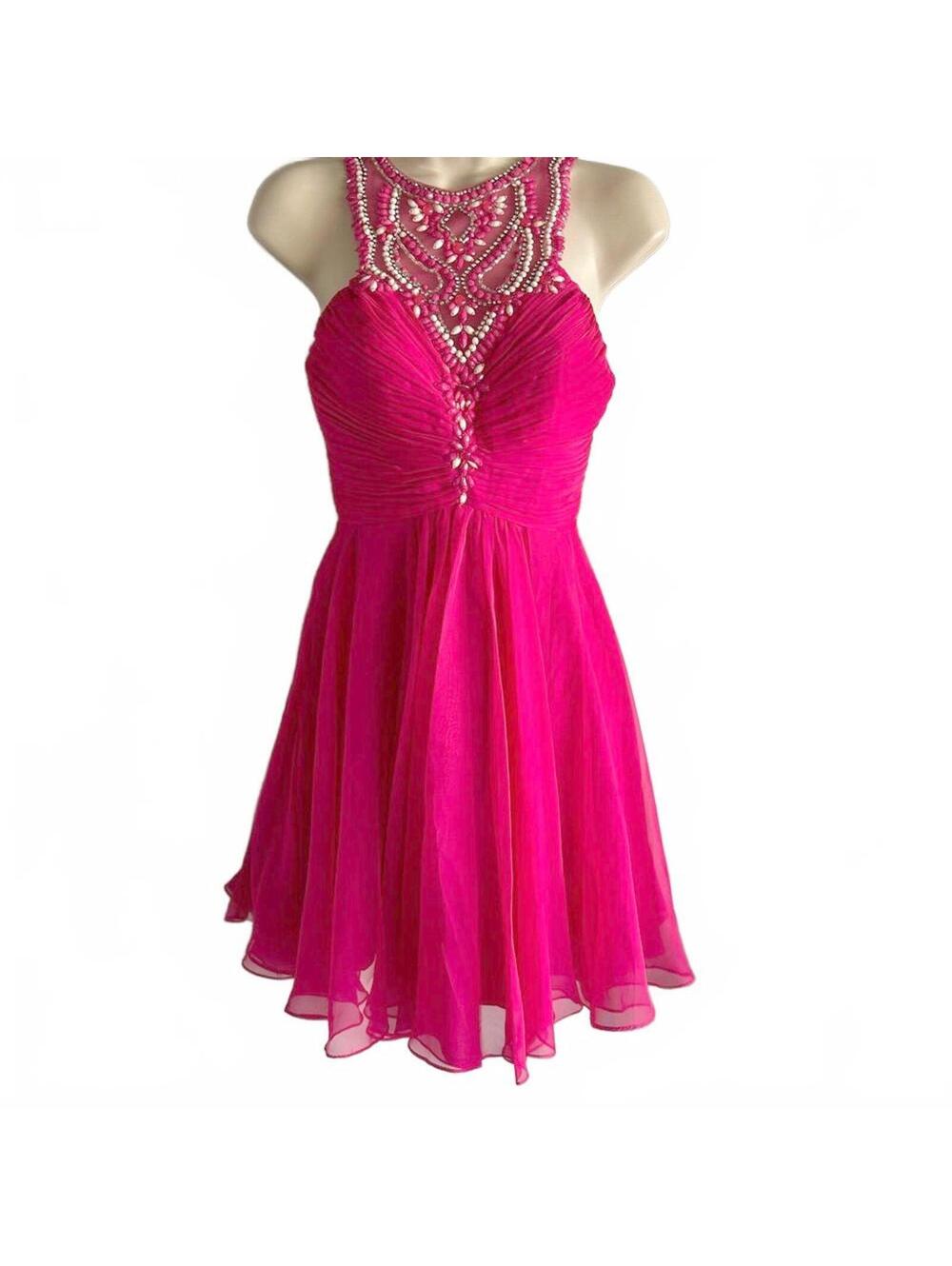 LET’S Hot Pink Prom Dance Formal Beaded Mini Foral with Rhinestones | Size XS